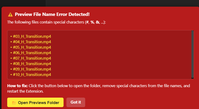 Preset Manager error dialog listing files with special characters